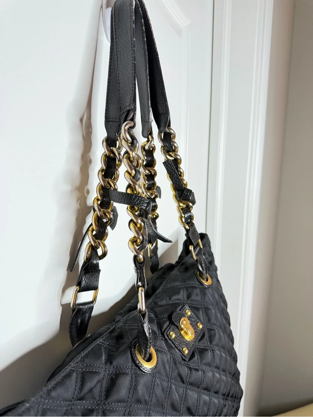 Marc Jacobs Black Quilted Nylon Tote Bag Leather Chain Strap Gold Hardware